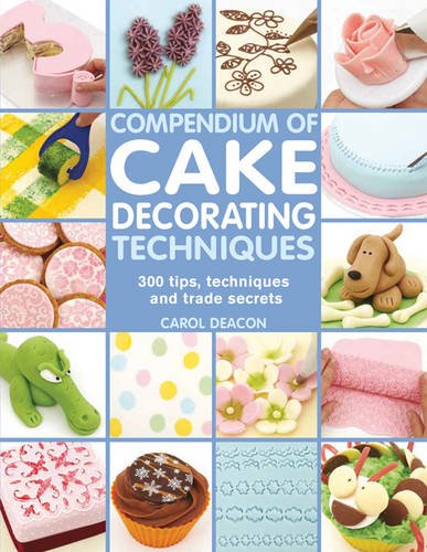 Cake decorating techniques book cover with various decorated cakes and floral designs.