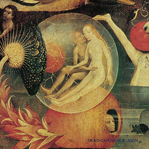 "Album cover art: surreal, dreamlike scene with figures, orbs, and abstract shapes, 'Dead Can Dance Aion'."