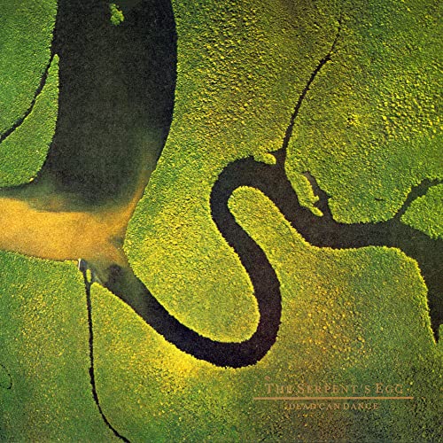 Aerial view of a winding river on a green landscape; album cover.