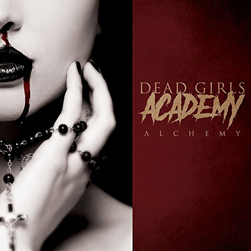 "Album cover with a woman's face and 'Dead Girls Academy Alchemy' text on red background."