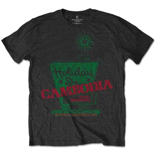 Black t-shirt with green and red "Holiday in Cambodia" graphic.