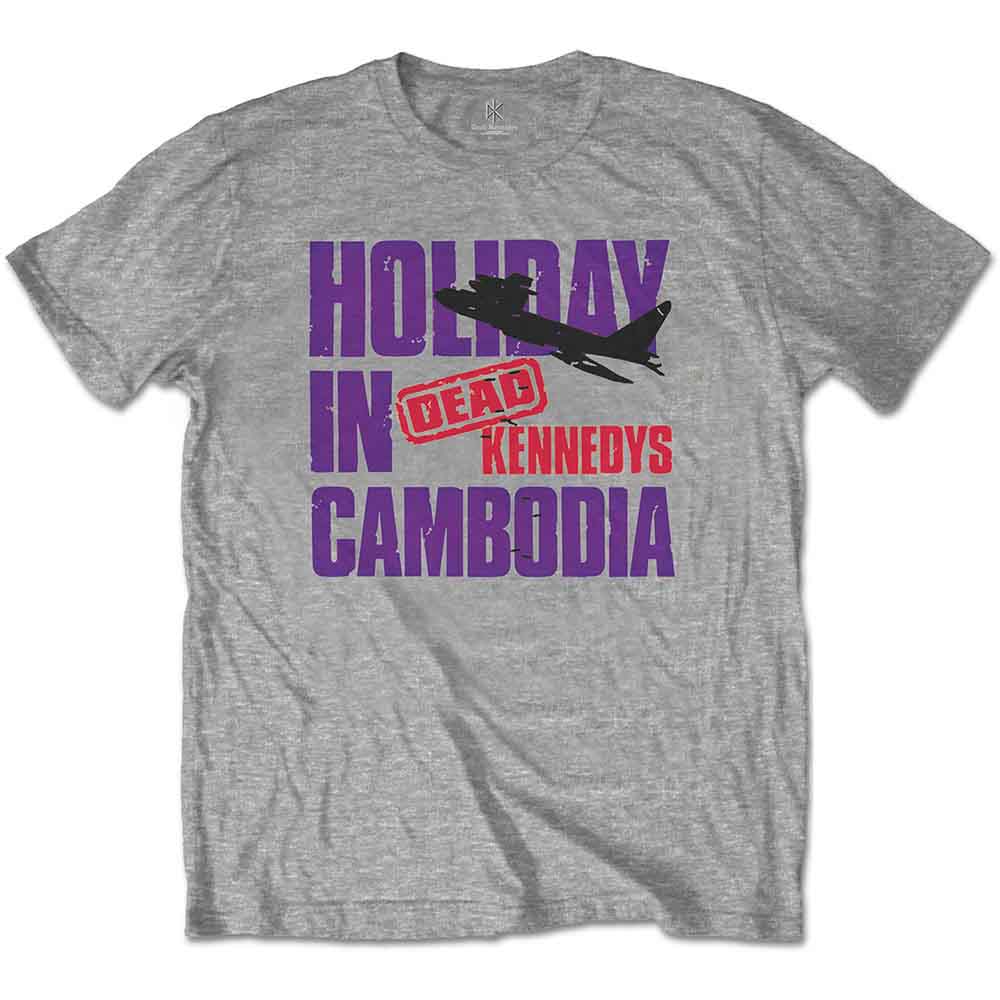 Grey t-shirt with "Holiday in Cambodia" text and airplane graphic.