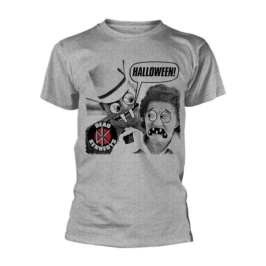 Grey t-shirt with cartoon illustrations of figures and "HALLOWEEN!" text.
