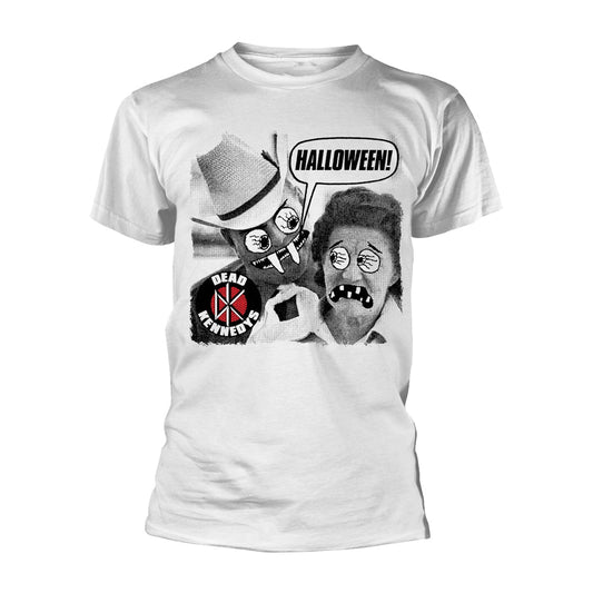 White t-shirt with a black and white Dead Kennedys Halloween design.