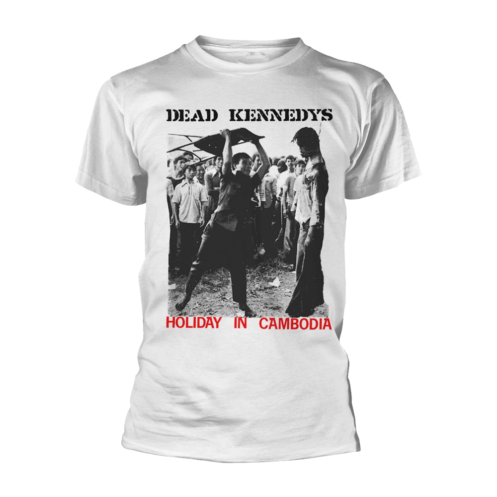 White t-shirt with "Dead Kennedys" and "Holiday in Cambodia" graphic.