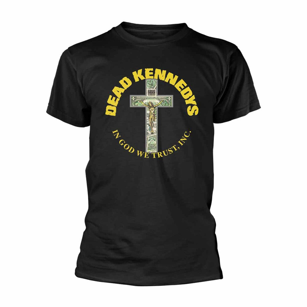 Black t-shirt with a circular design of a cross made of money.