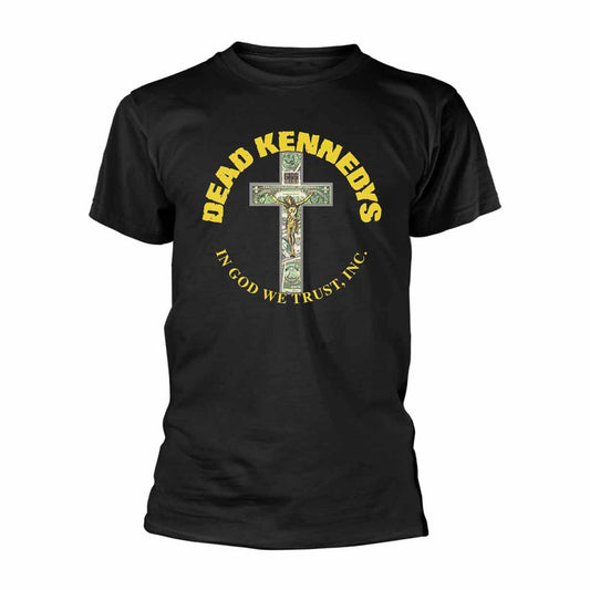 Black t-shirt with a circular design of a cross made of money.