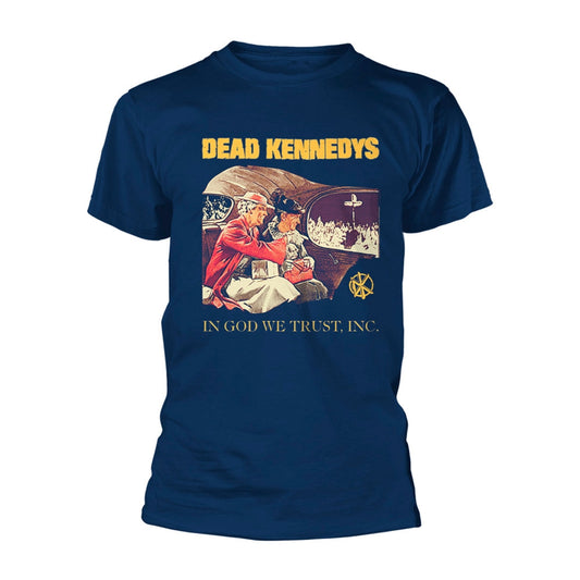 Navy t-shirt with "DEAD KENNEDYS" and religious imagery graphic.