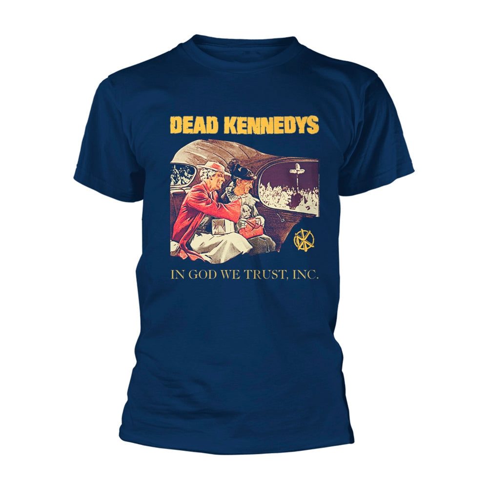Navy t-shirt with "DEAD KENNEDYS" and religious imagery graphic.