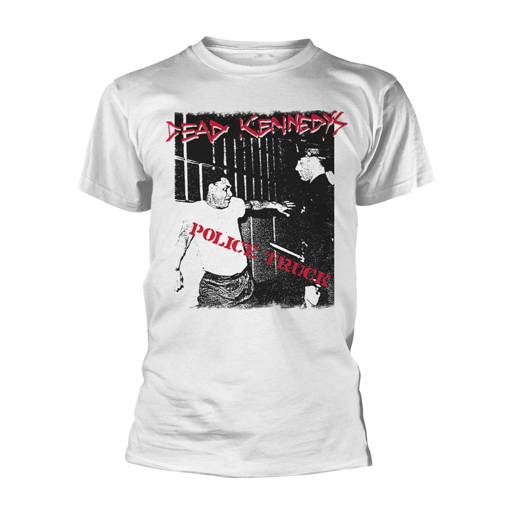 White t-shirt with black and red Dead Kennedys "Police Truck" graphic.