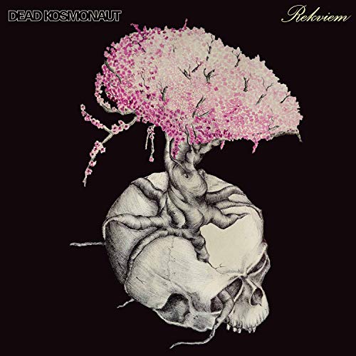 Skull with blossoming tree growing from it, black background.