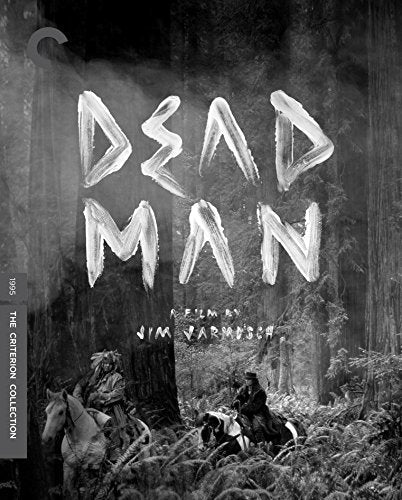 Black and white movie cover for Dead Man showing two men on horses in woods.