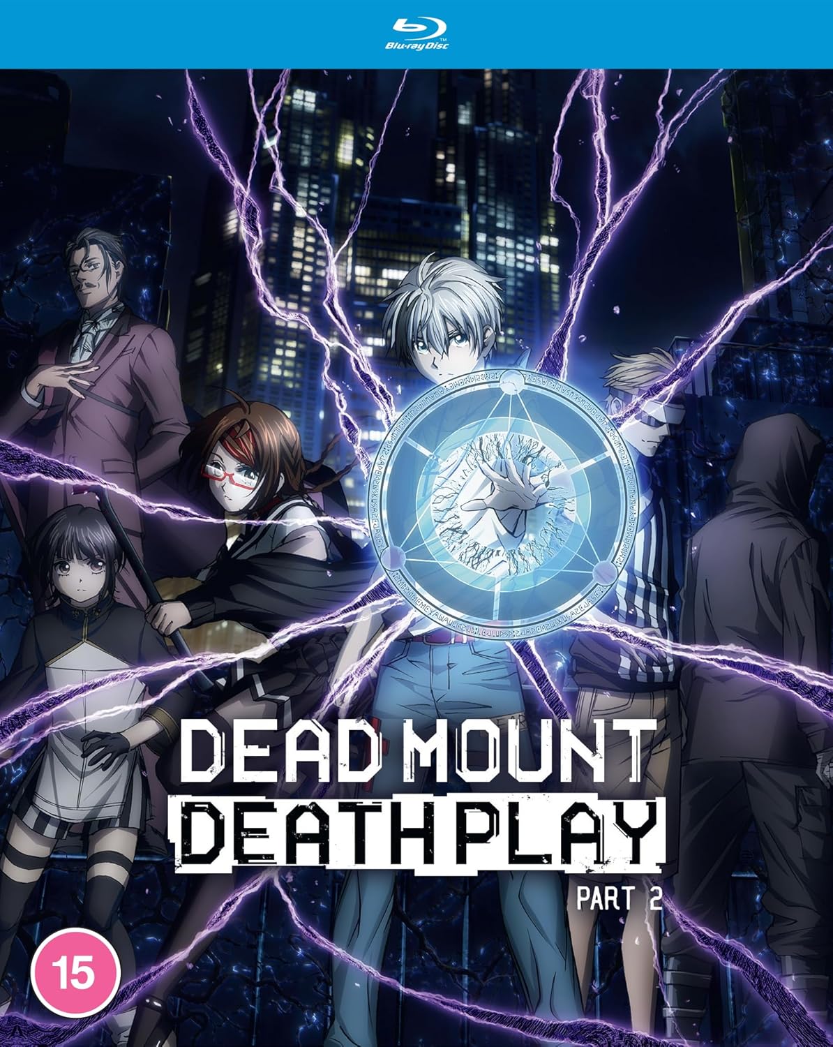 Anime characters surrounded by purple lightning and a blue circle on a city background.