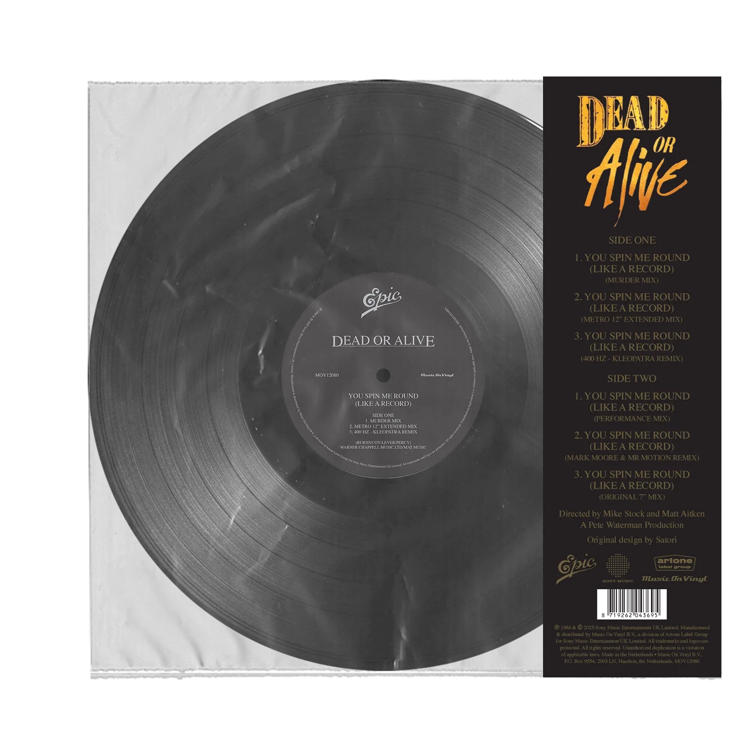 Clear vinyl record in a plastic sleeve with a tracklist insert for Dead or Alive.
