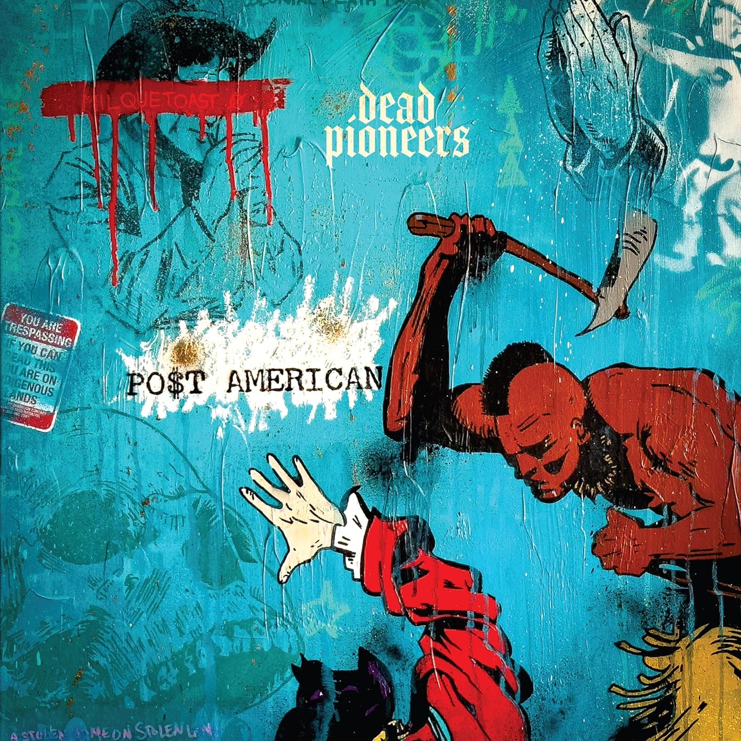 Mixed media art with a man holding an axe over a fallen figure.