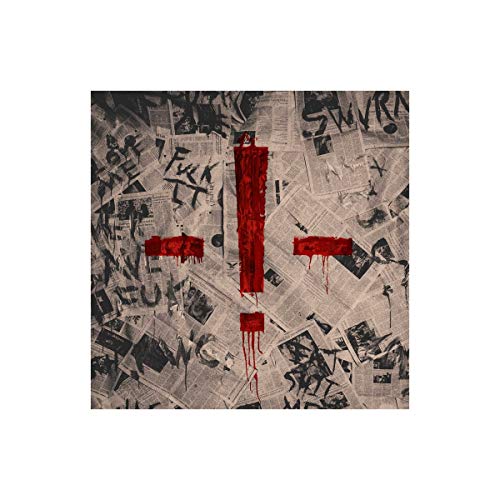 CD cover with newspaper collage background and red dripping cross.