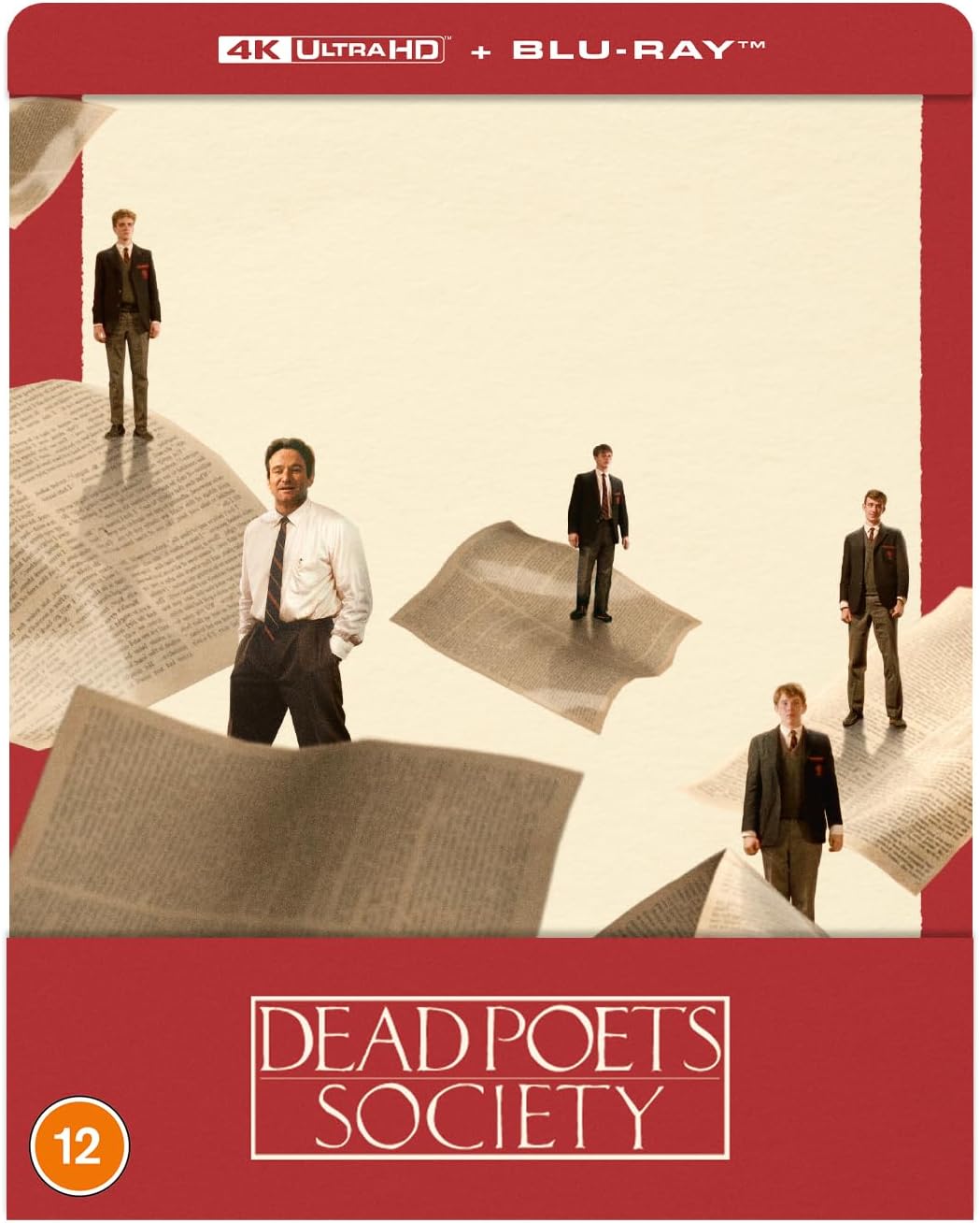 SteelBook cover for "Dead Poets Society" featuring students and papers.