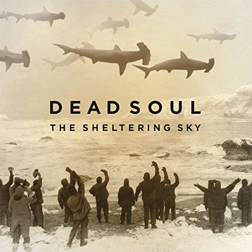 "Album cover with people on a beach and sharks in the sky."