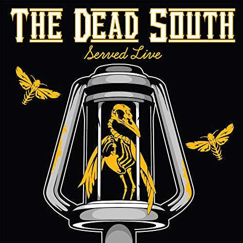 Album cover showing a bird skeleton inside a lantern with moths on black background.