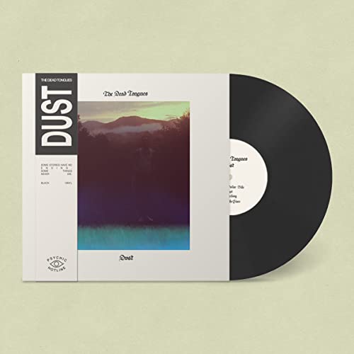 Dead Tongues Dust vinyl record with a white sleeve featuring a landscape photo.