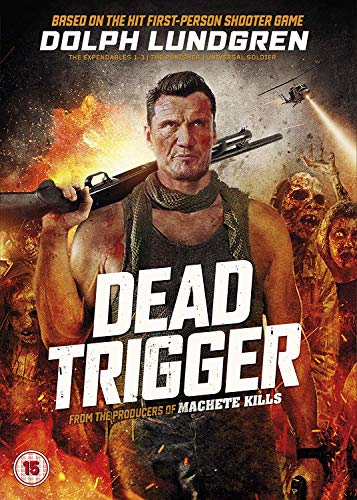 Dolph Lundgren holds a shotgun in front of zombies amidst fire and explosions.