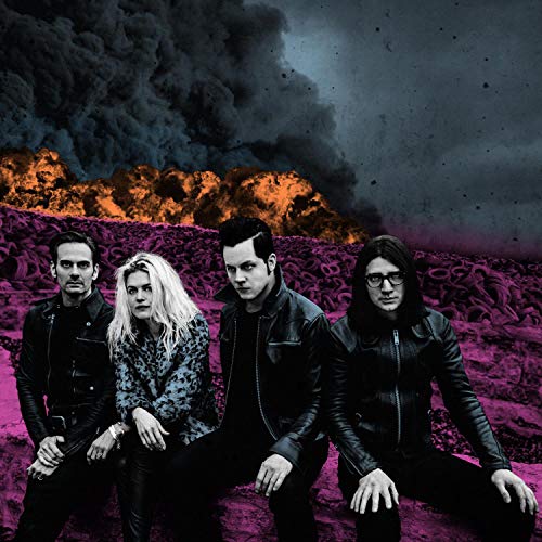 Dead Weather band members posed against a fiery, smoky, purple landscape.