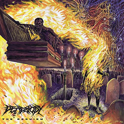 Painting of skeletal figures emerging from coffins amidst flames and a graveyard.