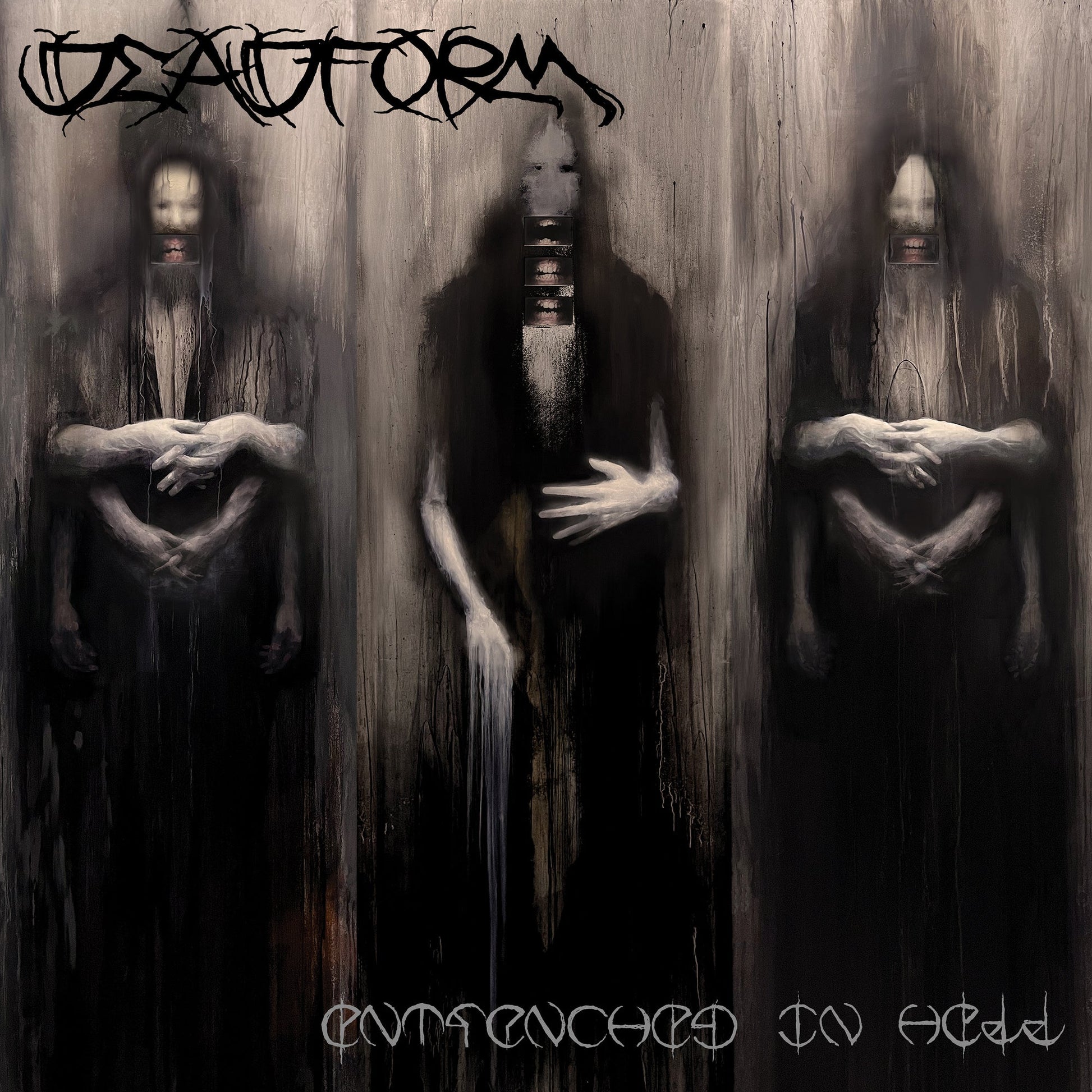Three dark, ghostly figures with multiple arms and distorted faces on a textured background.