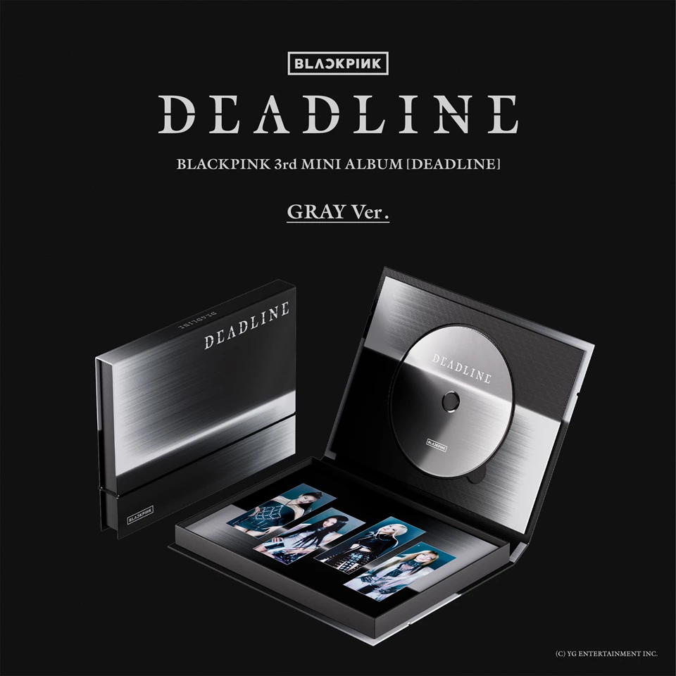 BLACKPINK Deadline Gray version album with CD case, disc, and four member photo cards.