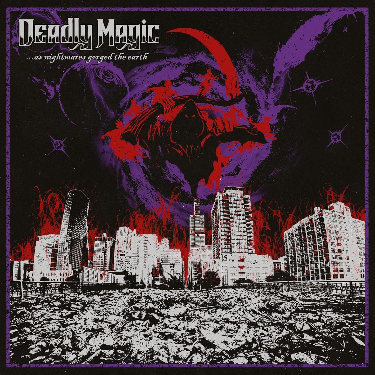 Album cover: destroyed city, purple swirling sky, and monstrous figure.