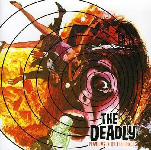 Surreal album cover with distorted faces, concentric circles, and fiery colors.