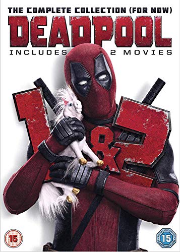 Deadpool holding a fluffy unicorn, DVD case for movies 1 & 2.