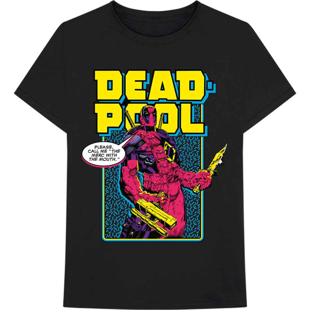 Man wearing a black t-shirt with a colorful Deadpool comic design.