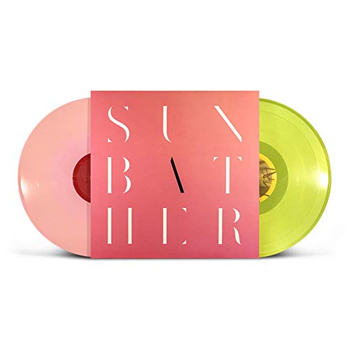 Deafheaven’s “Sunbather” vinyl record: pink and yellow discs with red cover.