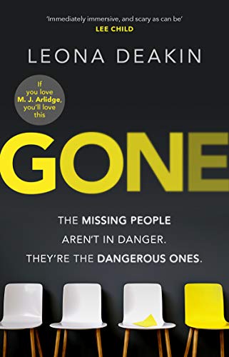 Book cover: "Gone" by Leona Deakin, with yellow text and chairs.
