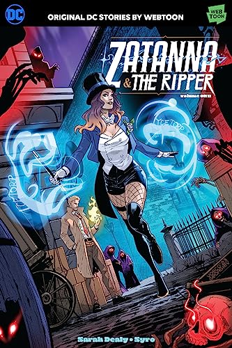 Zatanna in a magician’s outfit casting spells, with a shadowy figure looming.