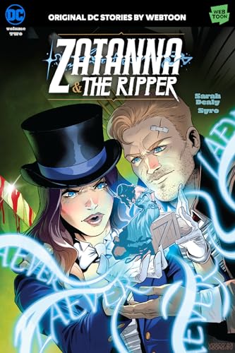 Zatanna and a man with bandages, comic book cover, dark background.