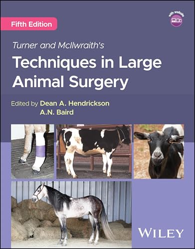 Book cover: “Techniques in Large Animal Surgery”, fifth edition, with animal images.
