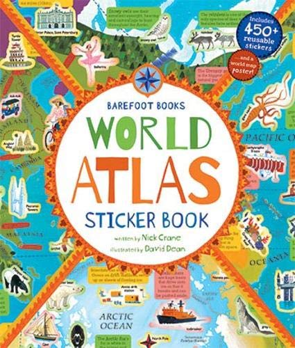 Barefoot Books World Atlas sticker book cover with a central title over a world map.