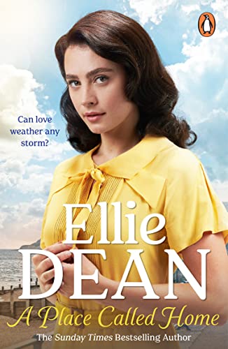 Book cover: woman in yellow, coastal scene, “A Place Called Home.”