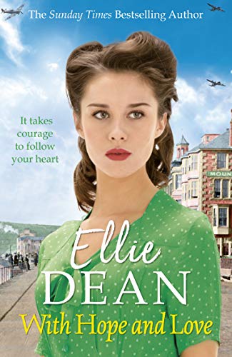 Book cover: woman in green dress, coastal town background, title "With Hope and Love".