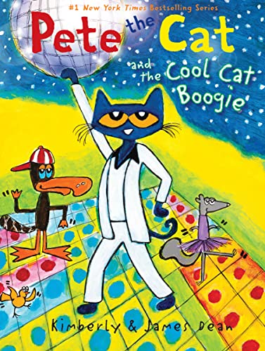 Pete the Cat in a white suit dancing on a disco floor with friends.