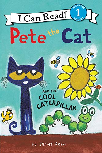 Pete the Cat stands next to a green caterpillar, a sunflower, and small insects.