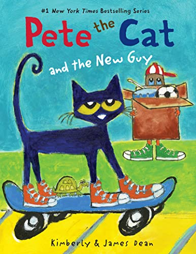 Pete the Cat on a skateboard with a turtle and a character in a box.