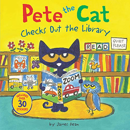Pete the Cat reading a book in a library with an owl nearby.