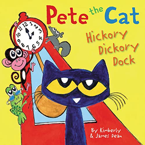 Pete the Cat book cover with a blue cat, clock, and monkeys.