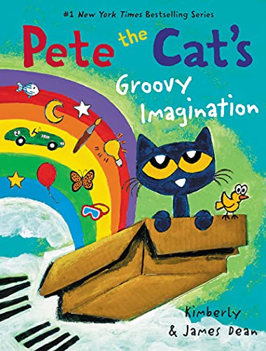 Book cover: blue cat with a rainbow and cardboard box.
