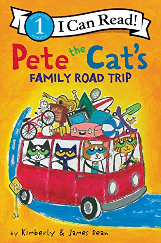 Pete the Cat and his family driving a red van packed with luggage.