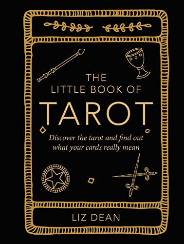 Black book cover with gold line art of tarot symbols and the title text.