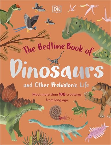 Book cover featuring illustrated dinosaurs and prehistoric creatures on orange background.